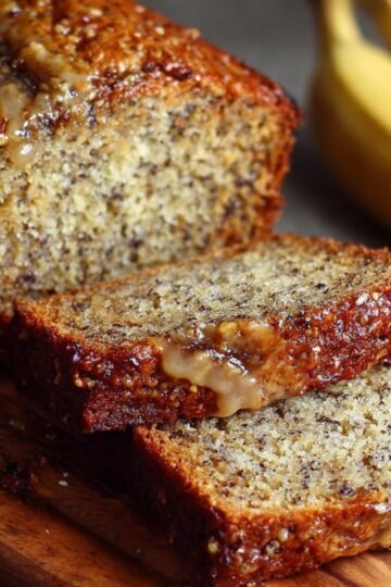 banana bread recipe Freshly baked banana bread in a loaf pan with a golden-brown cracked top.