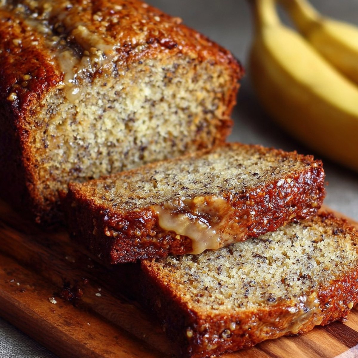 banana bread recipe Freshly baked banana bread in a loaf pan with a golden-brown cracked top.