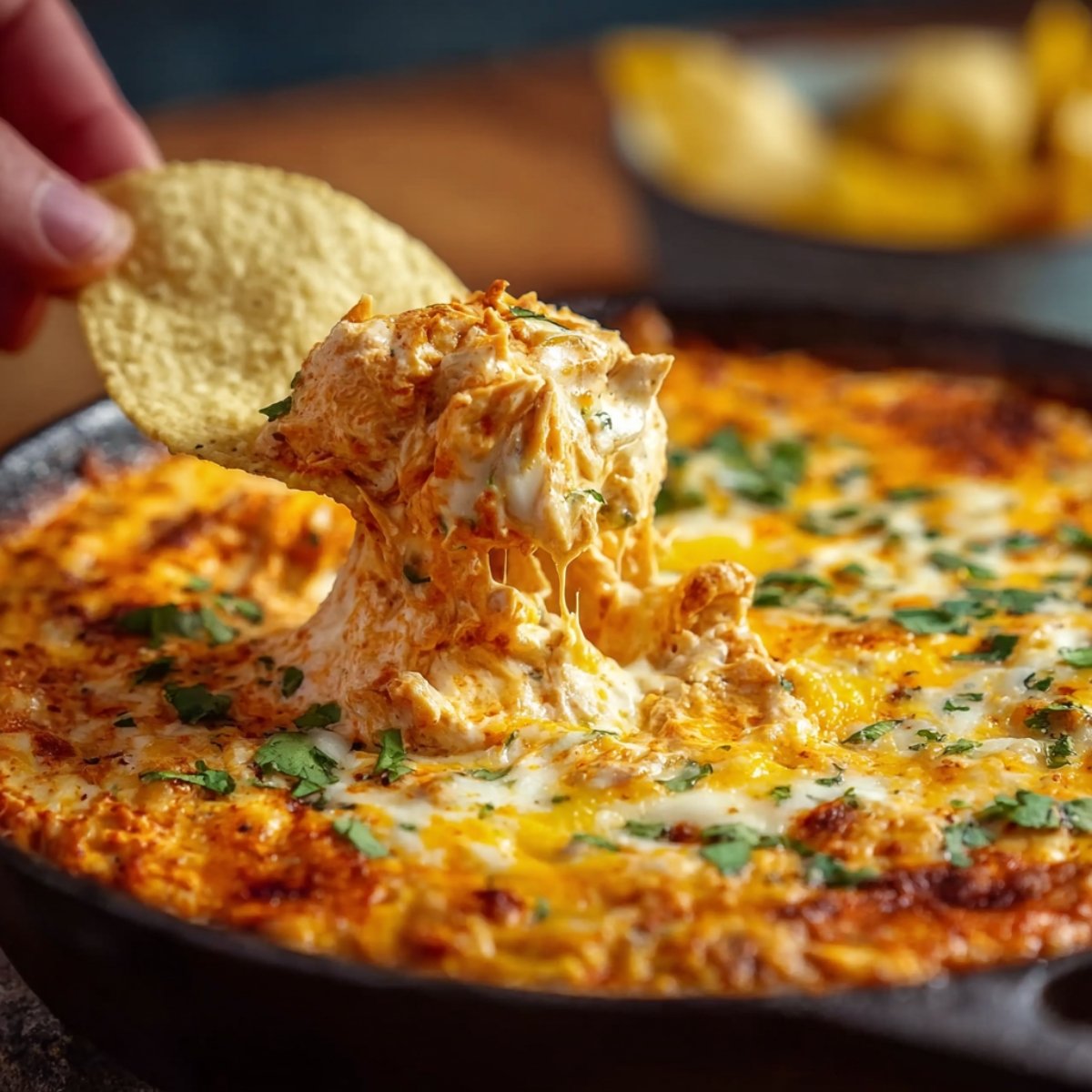 buffalo chicken dip Tortilla chip being dipped into creamy buffalo chicken dip with melted cheese and herbs in a skillet.