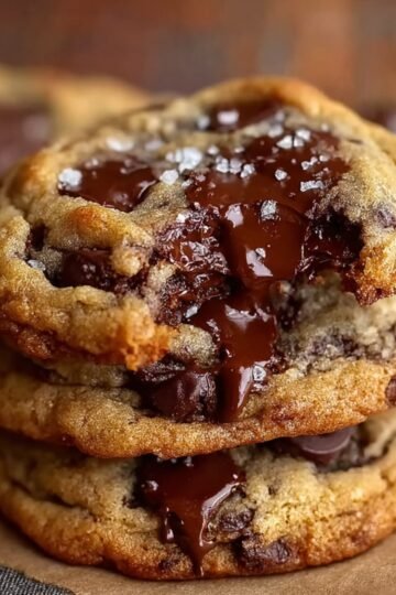chocolate chip cookies Stack of thick, chewy chocolate chip cookies with melted chocolate and flaky sea salt on top