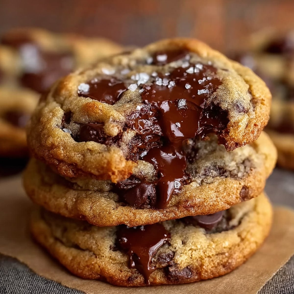 chocolate chip cookies Stack of thick, chewy chocolate chip cookies with melted chocolate and flaky sea salt on top