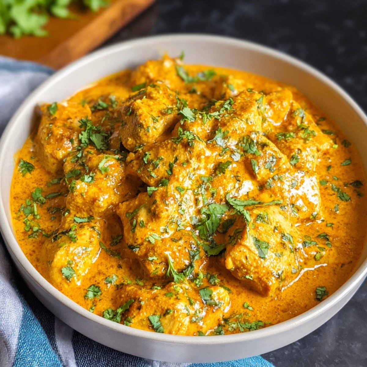 Butter Chicken Recipe A bowl of finished butter chicken, creamy and golden, garnished with fresh cilantro.