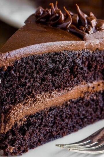 Chocolate Cake The fifth image displays a slice of a rich chocolate cake with smooth frosting and ganache between the layers.