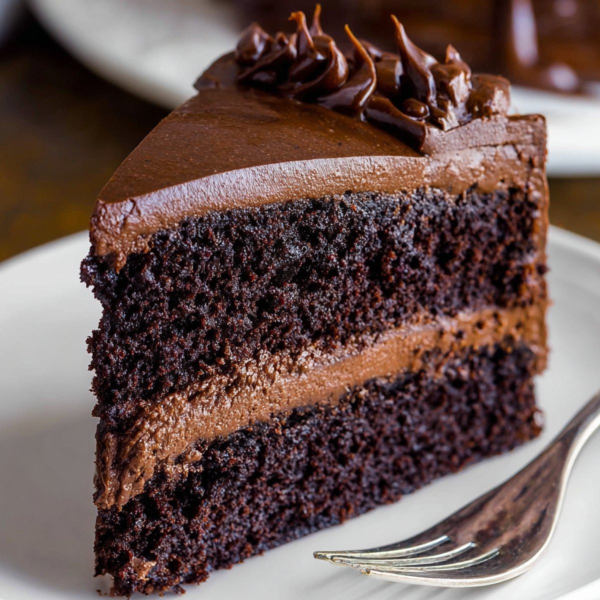 Chocolate Cake The fifth image displays a slice of a rich chocolate cake with smooth frosting and ganache between the layers.