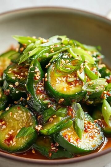 Cucumber Salad Asian cucumber salad with sliced cucumbers in chili oil dressing, topped with sesame seeds and green onions in a ceramic bowl