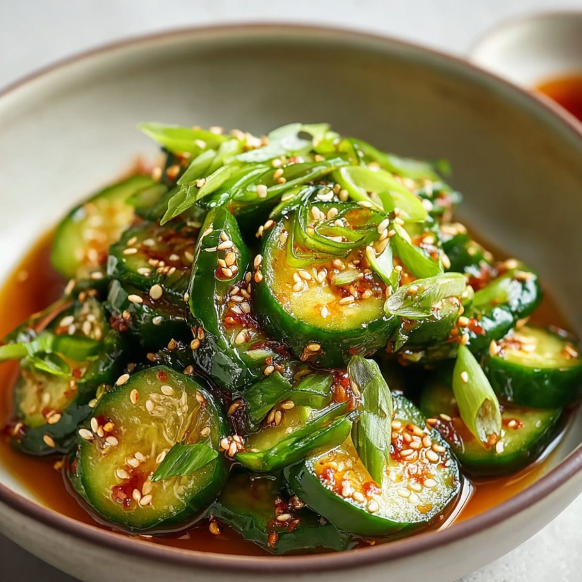 Cucumber Salad Asian cucumber salad with sliced cucumbers in chili oil dressing, topped with sesame seeds and green onions in a ceramic bowl