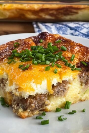 Egg and Sausage Casserole A slice of egg and sausage casserole served on a plate, topped with fresh chives. The casserole is golden-brown on top, with layers of sausage and egg.