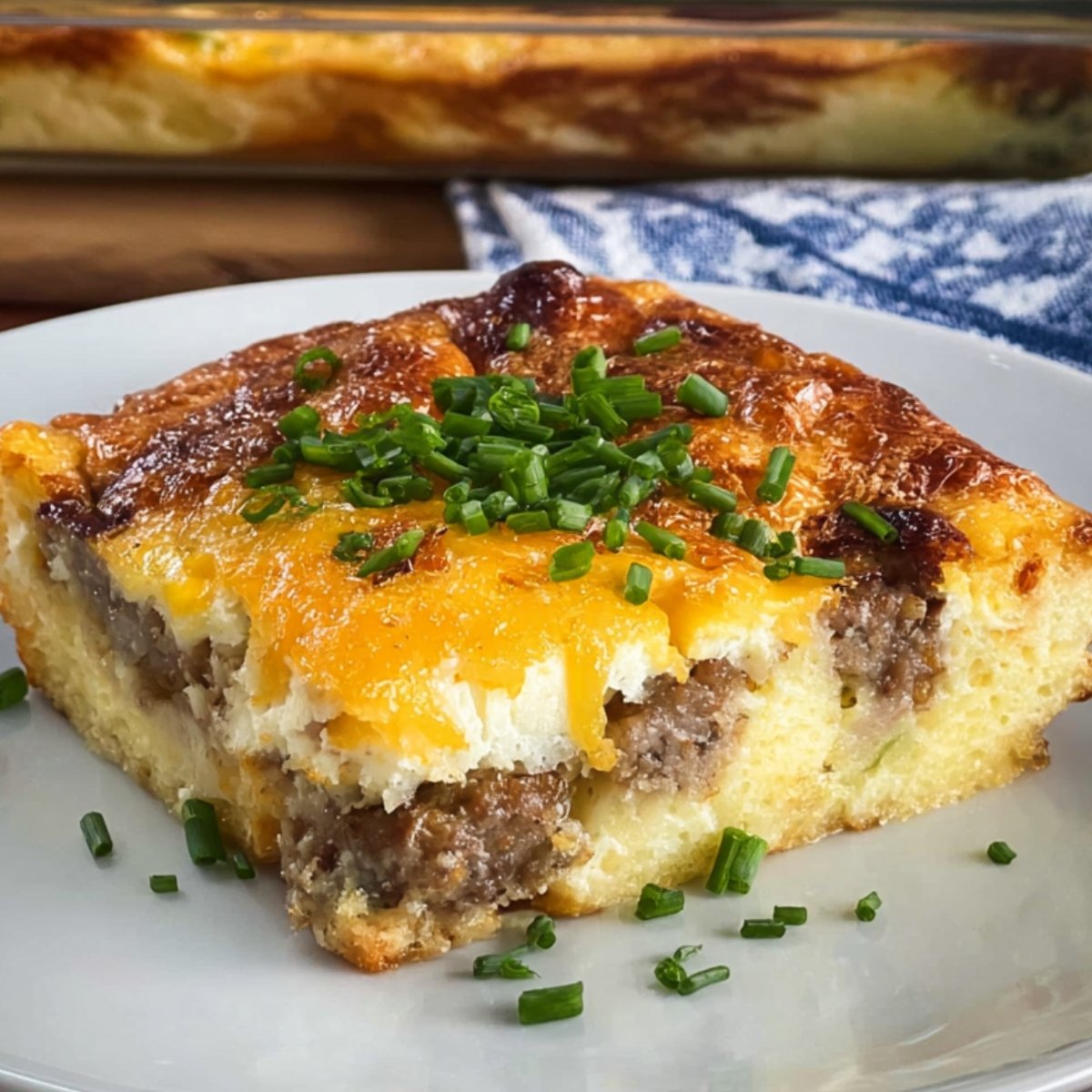 Egg and Sausage Casserole A slice of egg and sausage casserole served on a plate, topped with fresh chives. The casserole is golden-brown on top, with layers of sausage and egg.