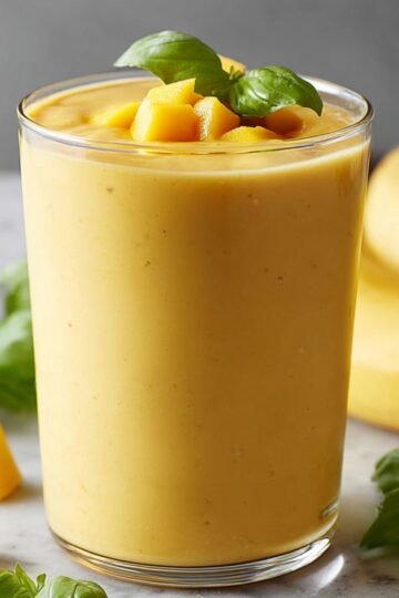 Mango Smoothie A glass filled with a thick, golden mango smoothie, garnished with mango chunks and fresh basil leaves, with bananas and fresh ingredients around it on a marble countertop