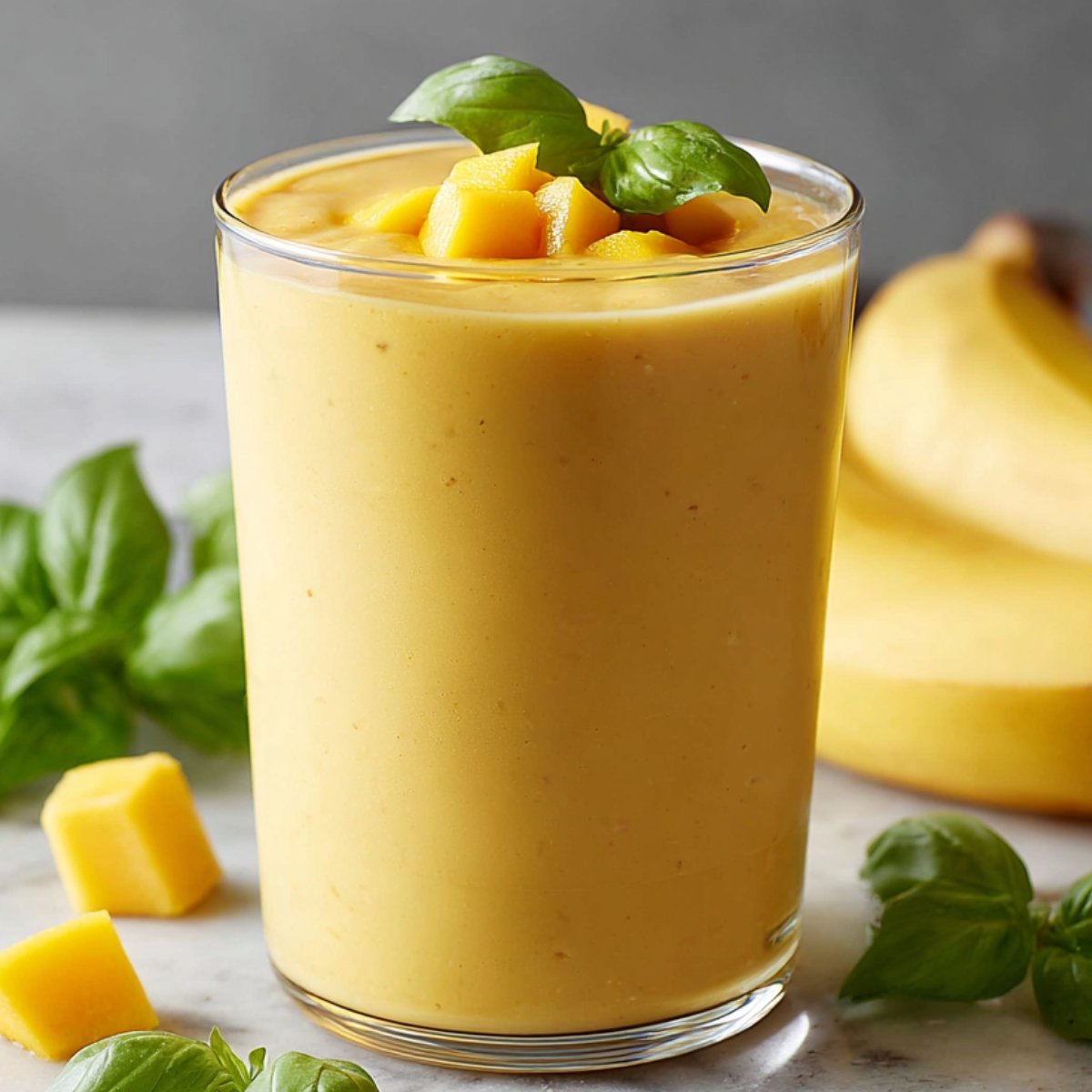 Mango Smoothie A glass filled with a thick, golden mango smoothie, garnished with mango chunks and fresh basil leaves, with bananas and fresh ingredients around it on a marble countertop