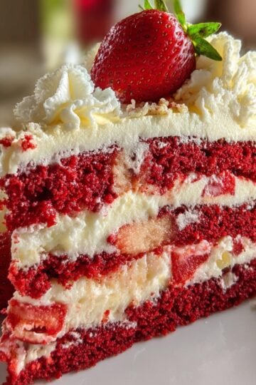 Strawberry Cake A close-up of a slice of strawberry red velvet cake with layered white frosting and strawberry filling, topped with whipped cream and a fresh strawberry, served on a white plate.