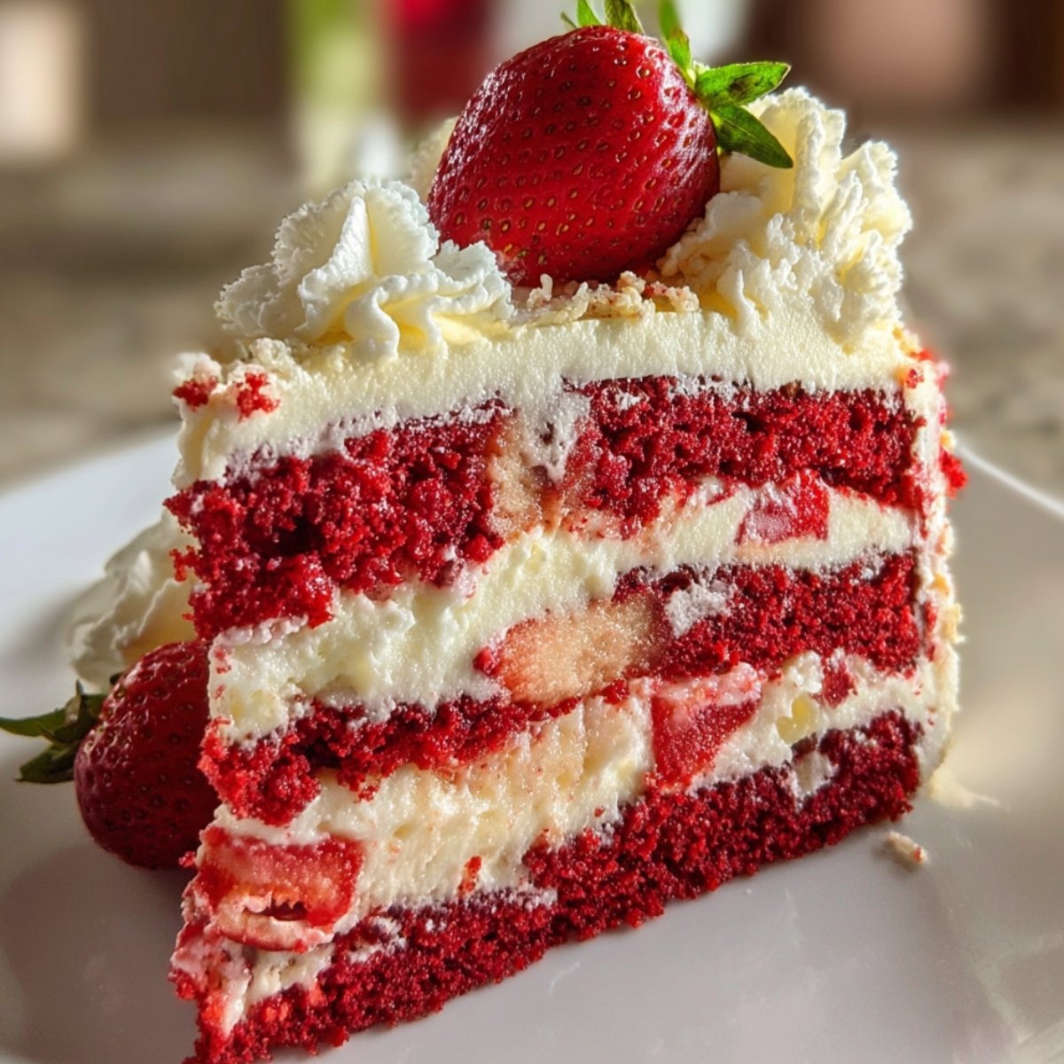 Strawberry Cake A close-up of a slice of strawberry red velvet cake with layered white frosting and strawberry filling, topped with whipped cream and a fresh strawberry, served on a white plate.