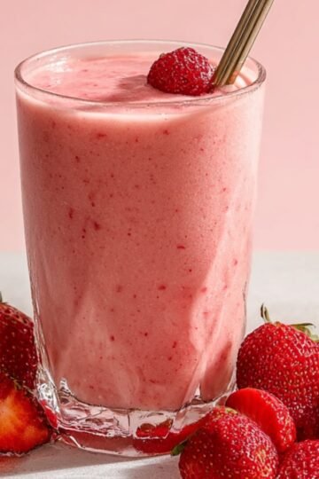 Strawberry Smoothie A glass filled with creamy strawberry smoothie, with a metal straw and fresh strawberries placed around it on a light-colored surface