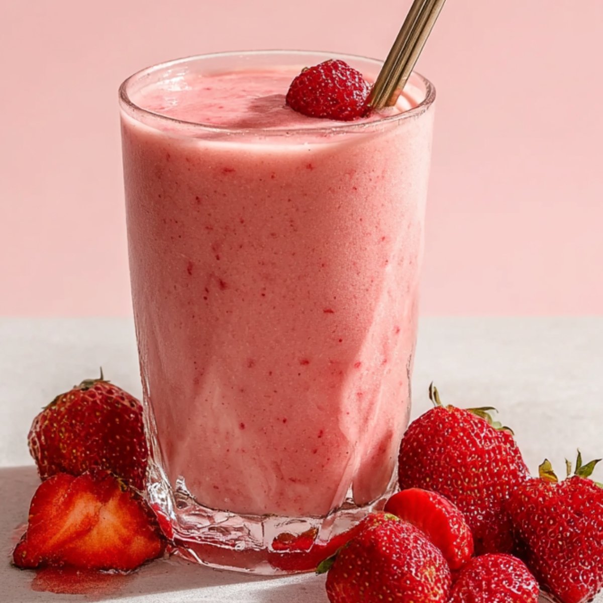 Strawberry Smoothie A glass filled with creamy strawberry smoothie, with a metal straw and fresh strawberries placed around it on a light-colored surface