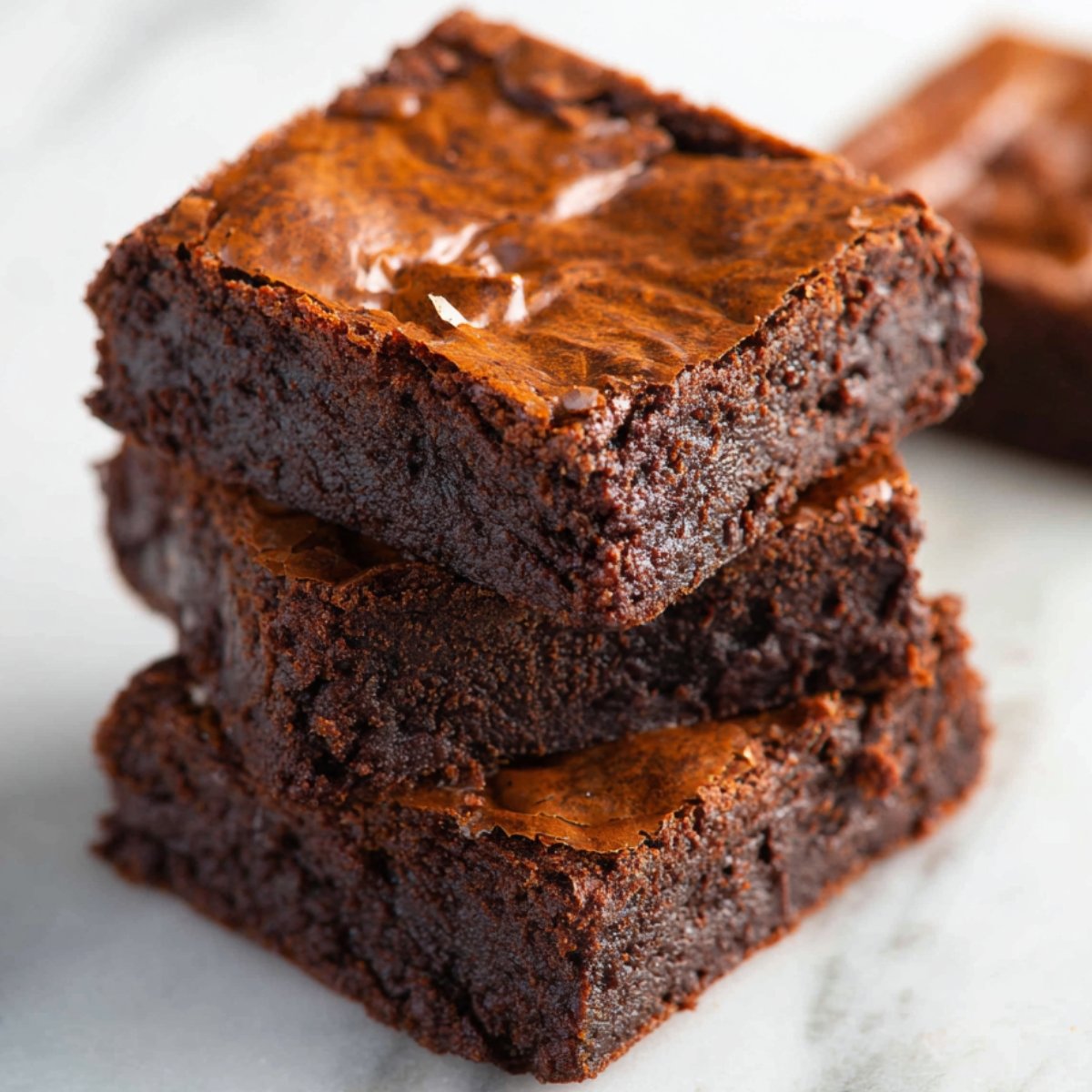 fudgy brownies A delectable stack of fudgy brownies with a cracked, shiny top, each slice perfectly baked with a rich, deep chocolate hue. The brownies sit atop a marble countertop, showcasing their decadent texture.