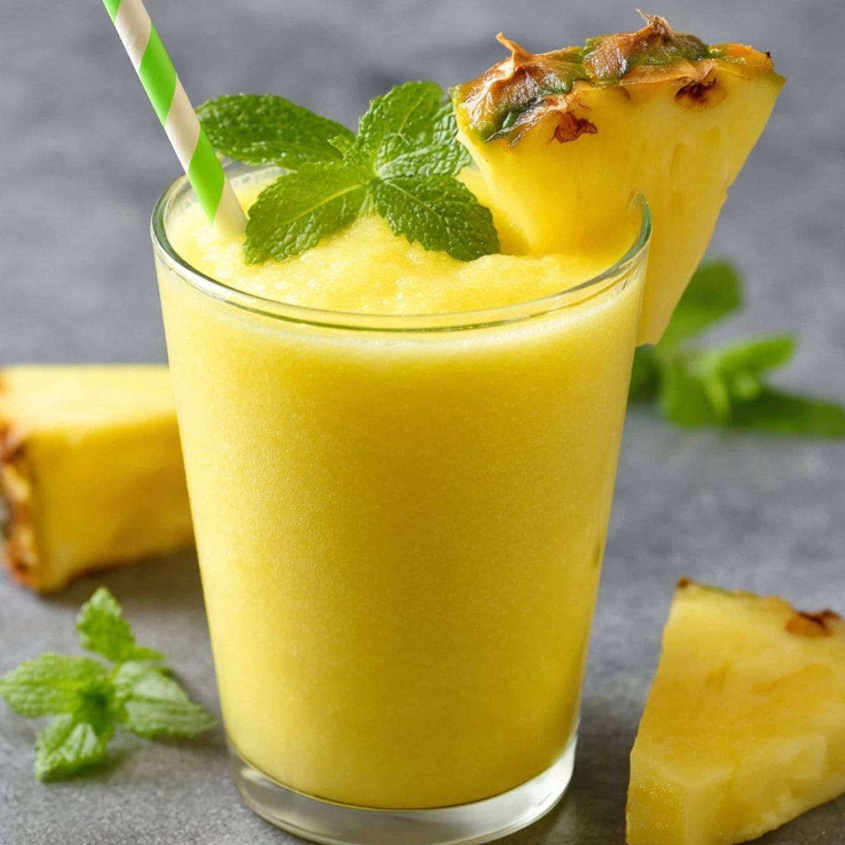 pineapple smoothie A glass of pineapple smoothie with a green striped straw, garnished with a slice of pineapple and a mint sprig, placed on a gray surfac