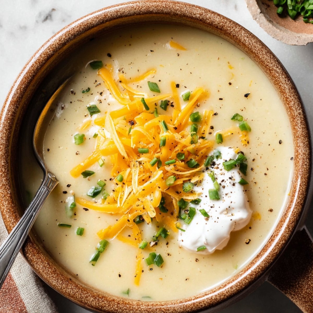potato Soup Creamy potato soup served in a rustic bowl, topped with shredded cheddar cheese, sour cream, chopped chives, and black pepper on a marble surface.