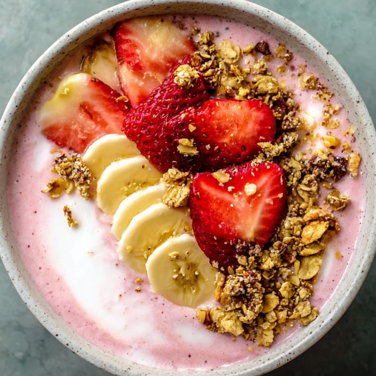 smoothie bowl recipe A smoothie bowl topped with fresh strawberries, banana slices, and granola, with a swirl of yogurt or cream.