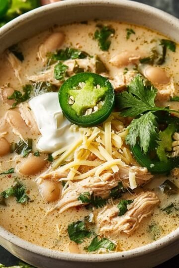white chicken chili A bowl of white chicken chili garnished with sliced jalapeños, shredded cheese, and fresh cilantro, with a side of jalapeño slices and lime wedges