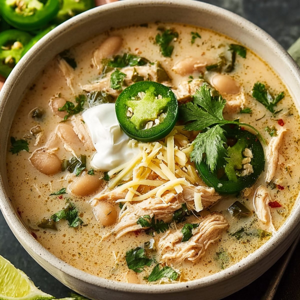 white chicken chili A bowl of white chicken chili garnished with sliced jalapeños, shredded cheese, and fresh cilantro, with a side of jalapeño slices and lime wedges