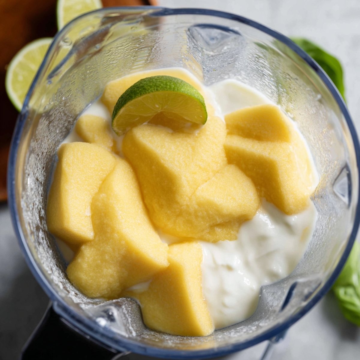 A close-up of frozen mango chunks, yogurt, and liquid ingredients blending together in a blender, with lime slices and basil leaves placed nearby.