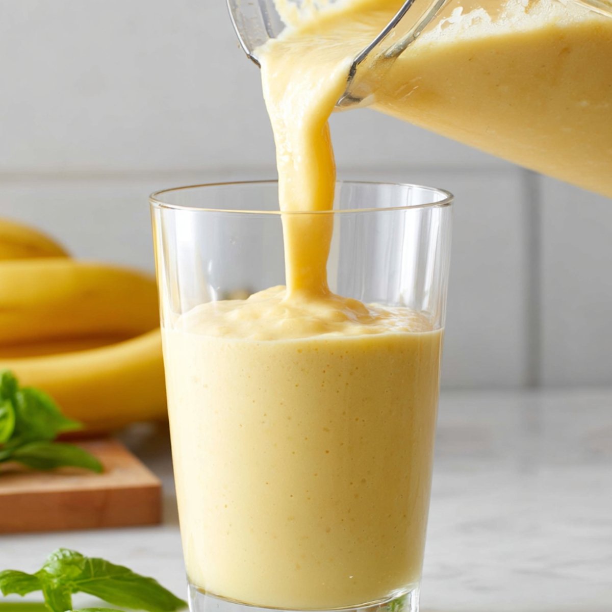 A blender pouring a creamy mango smoothie into a glass, with bananas and basil leaves in the background