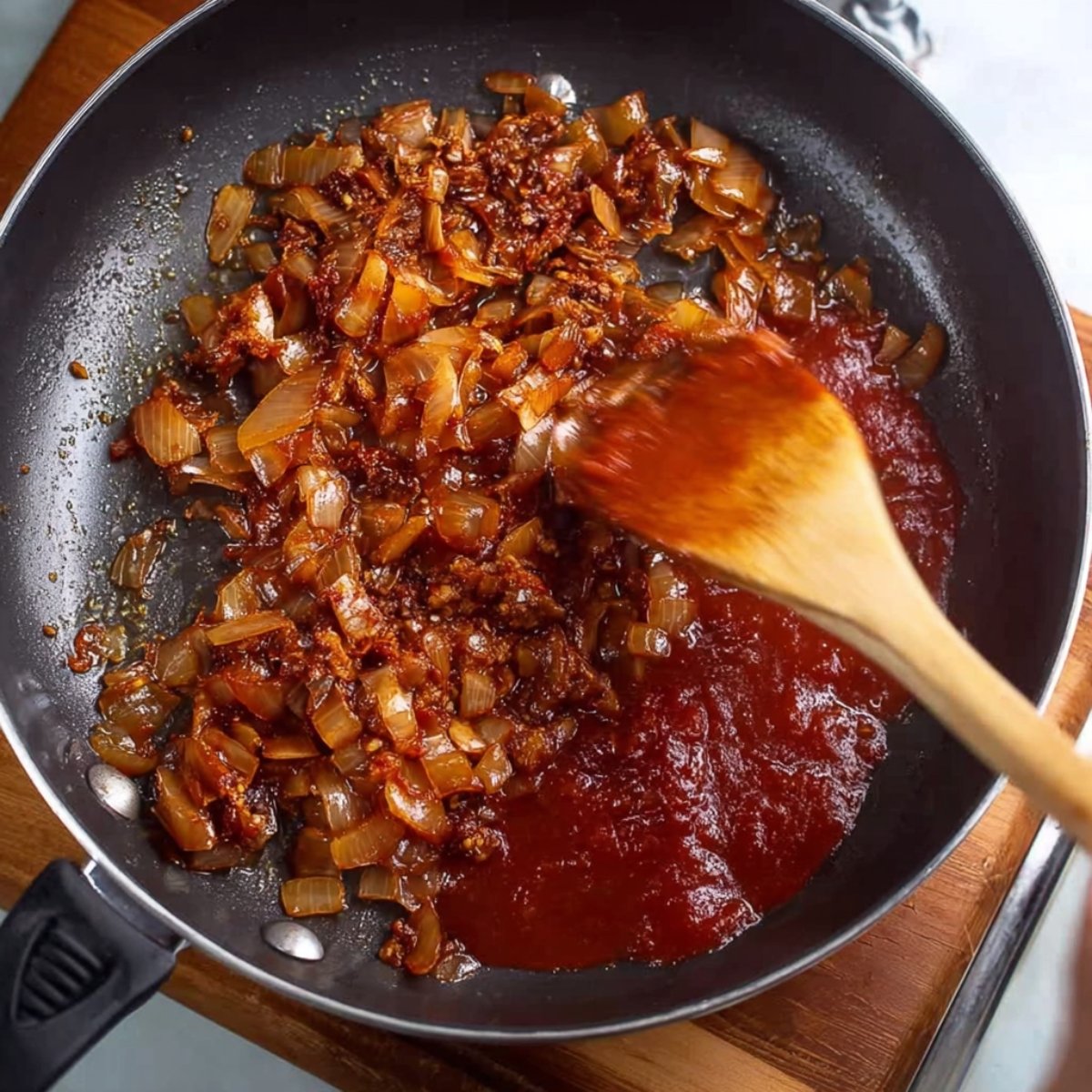 A wooden spoon adding tomato sauce to sautéed onions in a pan, preparing a flavorful base for the dish.