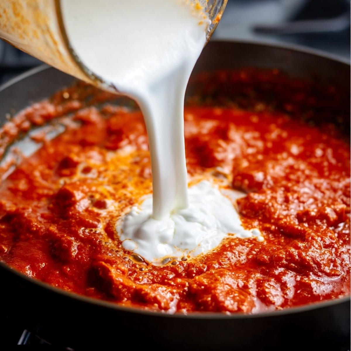 Cream being poured into a simmering tomato-based sauce, creating a creamy texture as it blends in.