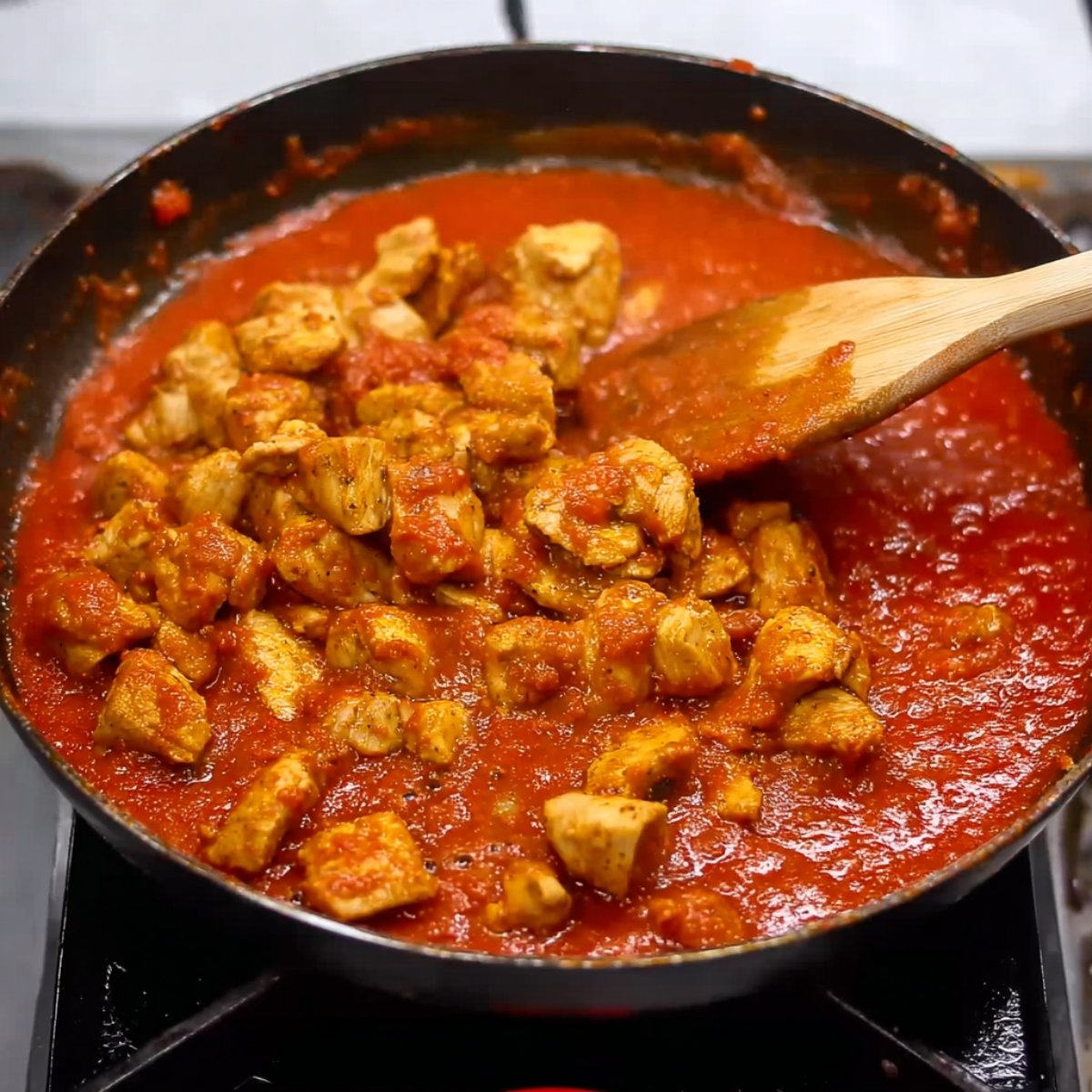A wooden spoon stirring chicken pieces in a rich, red tomato sauce on a stove. The chicken is cooked and simmering in the sauce.