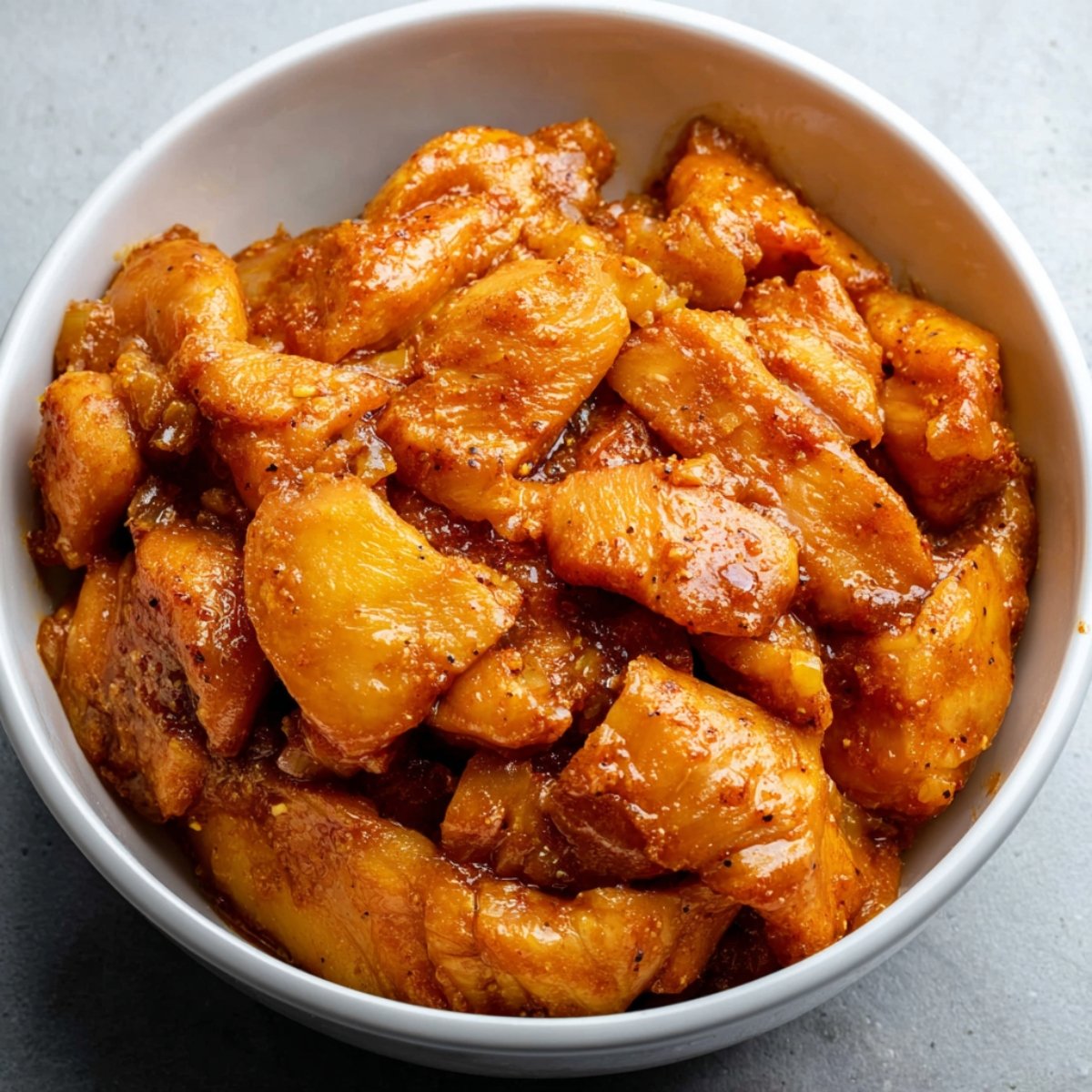 A bowl of marinated chicken pieces, coated in a flavorful mixture, ready to be cooked.
