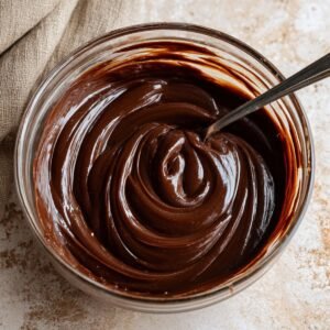 The fourth image is a close-up of a thick and smooth chocolate ganache, which is probably going to be used to frost the cake.