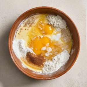 The third image shows a combination of wet ingredients like eggs, milk, and possibly other liquids mixed into the dry ingredients.