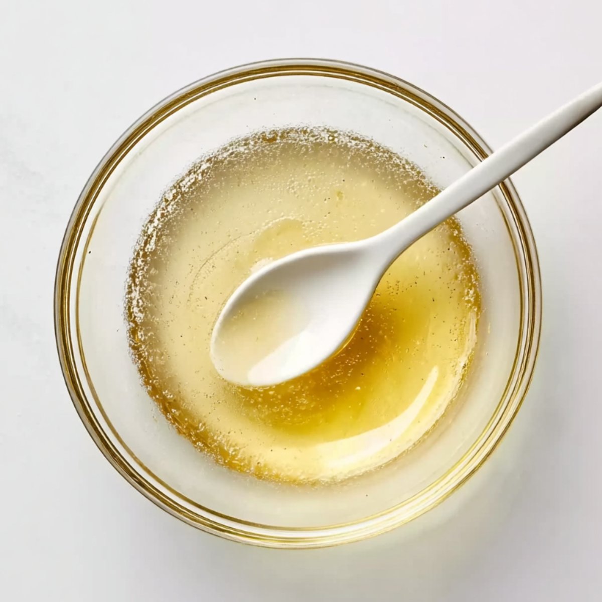 Glass bowl with light golden salad dressing being stirred with a spoon on a white background