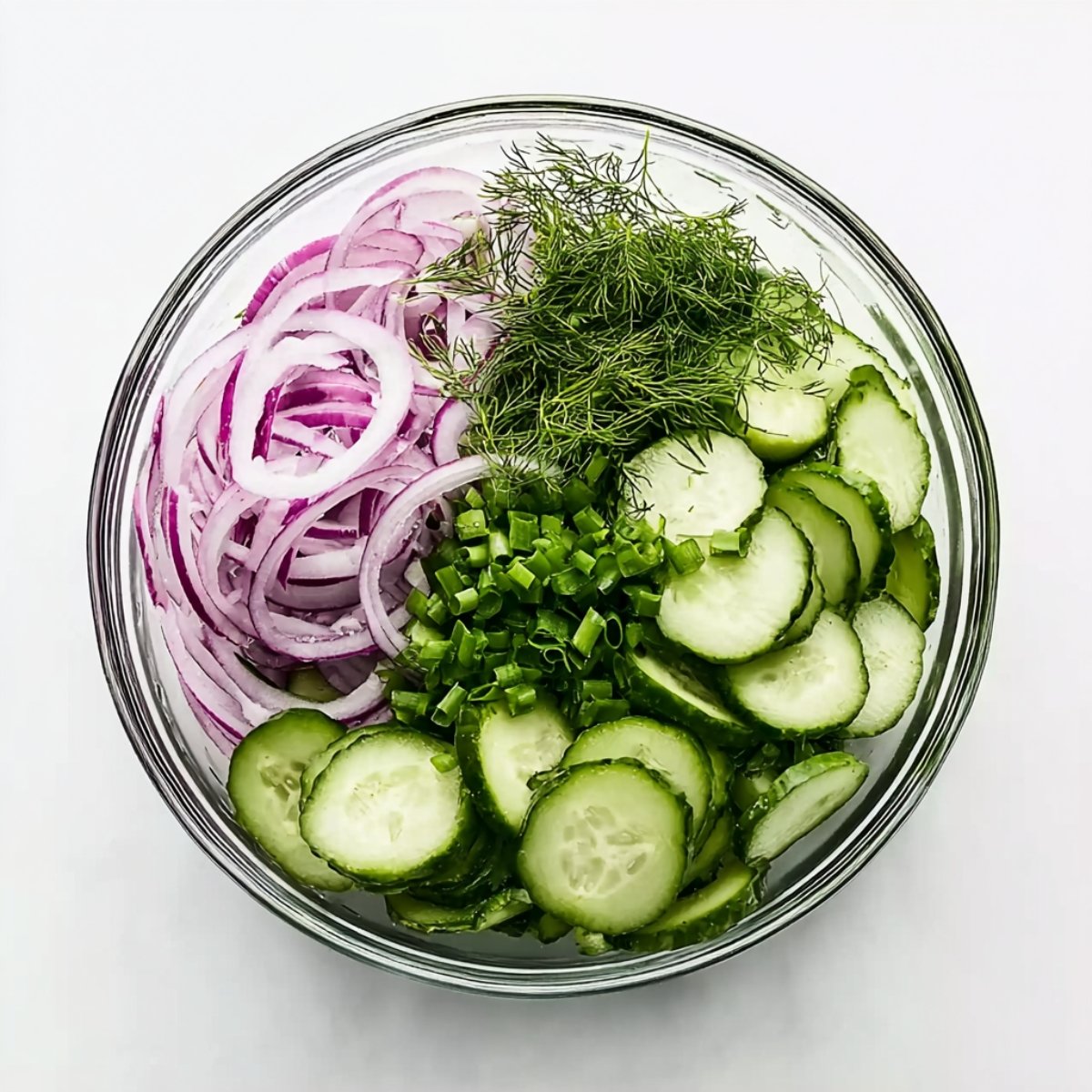 Bowl of sliced cucumbers, red onion, green onions, and fresh dill prepared for cucumber salad