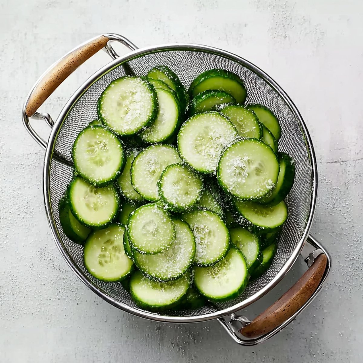 Sliced cucumbers sprinkled with salt in a metal colander for draining excess moisture
