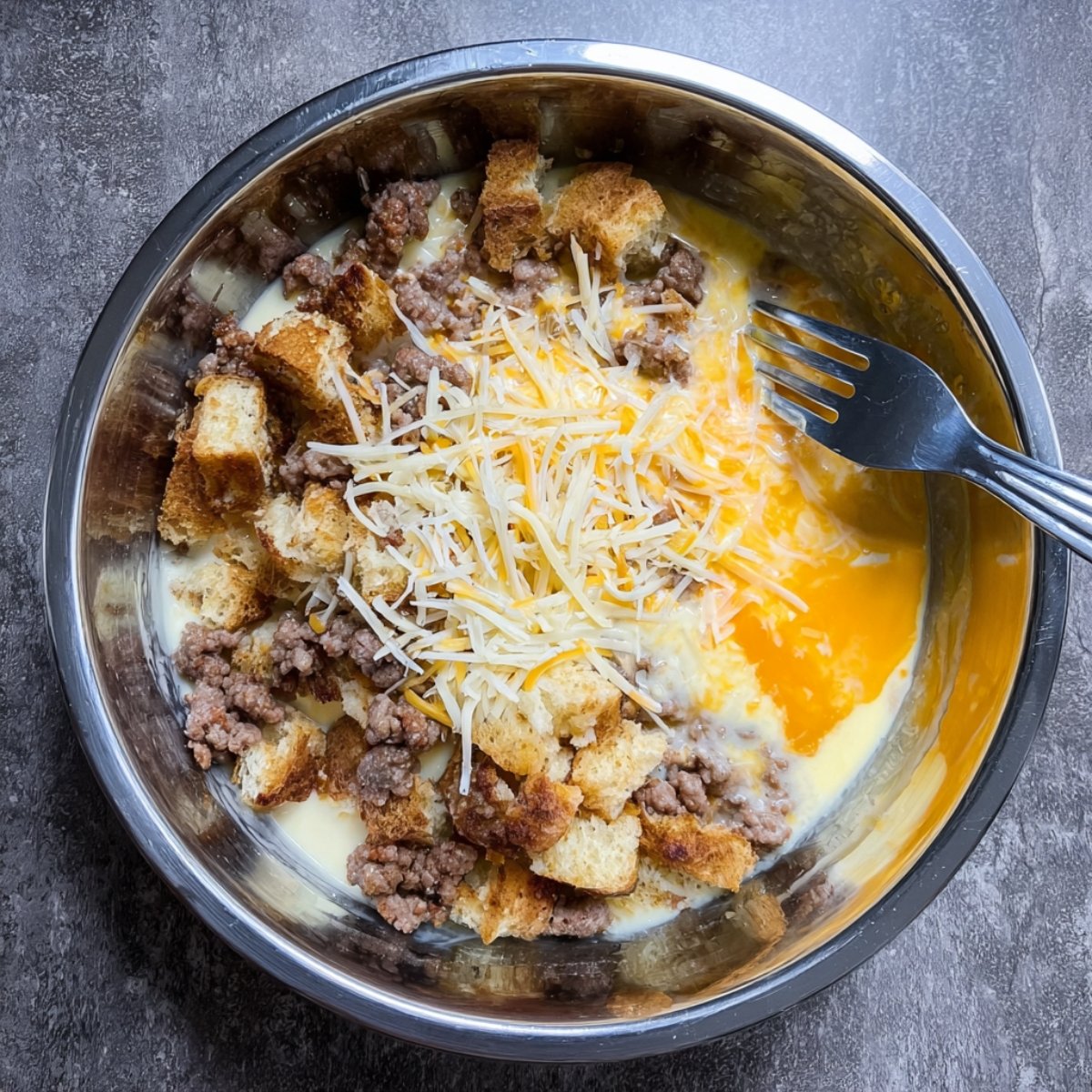 A metal bowl with sausage, bread cubes, shredded cheese, and an egg mixture being combined together. A fork is also visible next to the bowl, likely for mixing.