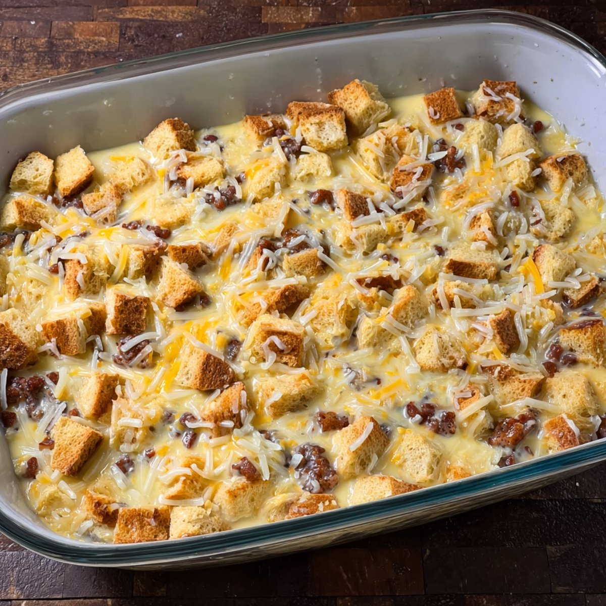 A baking dish filled with a mixture of bread cubes, cooked sausage, and shredded cheese, all soaked in an egg mixture, ready to be baked into a casserole.