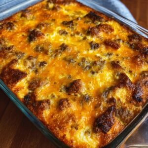 A golden-brown egg and sausage casserole baked in a glass dish. The casserole has a crispy top, and the mixture of sausage and egg is visible, creating a hearty, comforting dish.