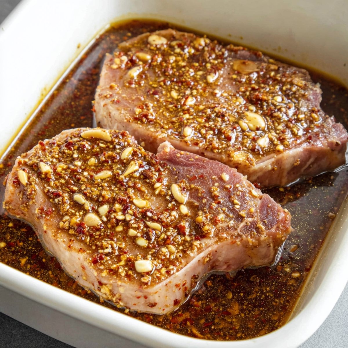 Two pork chops resting in a shallow dish, fully submerged in a flavorful marinade. The marinade is a blend of herbs and spices, with garlic pieces floating, infusing the meat with taste before grilling.