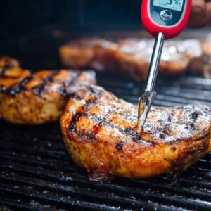 A hand holding a red digital meat thermometer, inserted into a grilled pork chop on the barbecue. The thermometer shows 145°F, confirming the pork is at the perfect internal temperature. The grill marks and sizzling sound emphasize the cooking process.