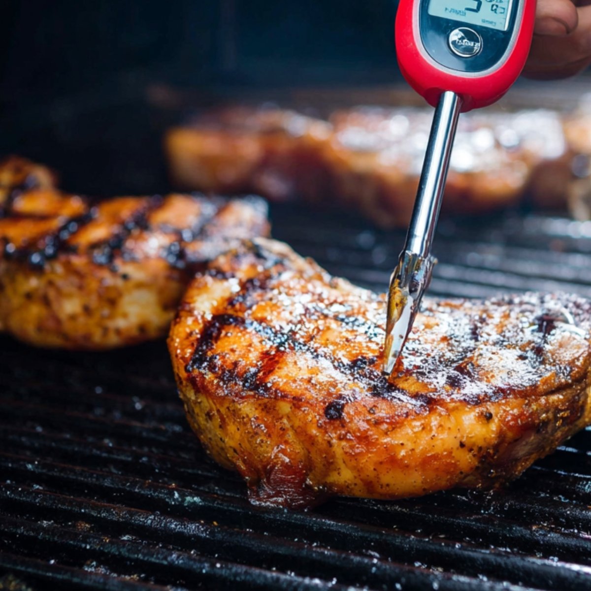 A hand holding a red digital meat thermometer, inserted into a grilled pork chop on the barbecue. The thermometer shows 145°F, confirming the pork is at the perfect internal temperature. The grill marks and sizzling sound emphasize the cooking process.