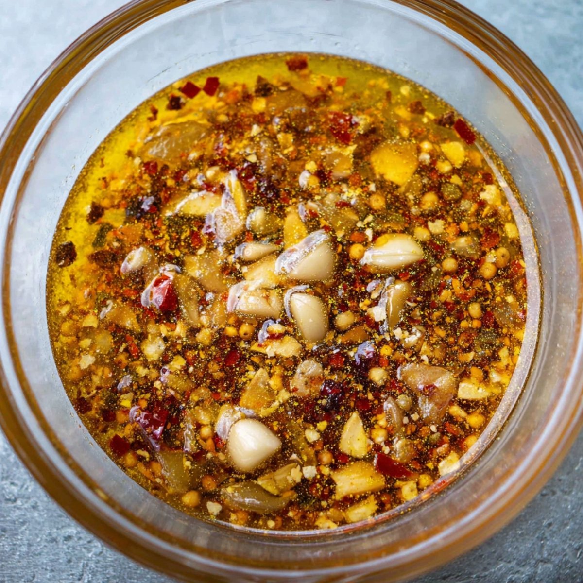 A bowl of aromatic marinade filled with finely chopped garlic, spices, and oil, creating a vibrant and flavorful blend. The mixture has a warm, golden hue, promising a zesty kick for the pork chops.