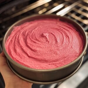 A round metal cake pan filled with smooth, bright pink strawberry cake batter, swirled on top, held by a hand in front of an open oven in a kitchen.