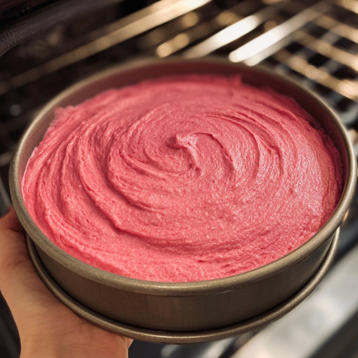 A round metal cake pan filled with smooth, bright pink strawberry cake batter, swirled on top, held by a hand in front of an open oven in a kitchen.