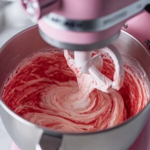 “Strawberry buttercream being mixed in a pink stand mixer, showing white frosting swirled with red strawberry puree.”