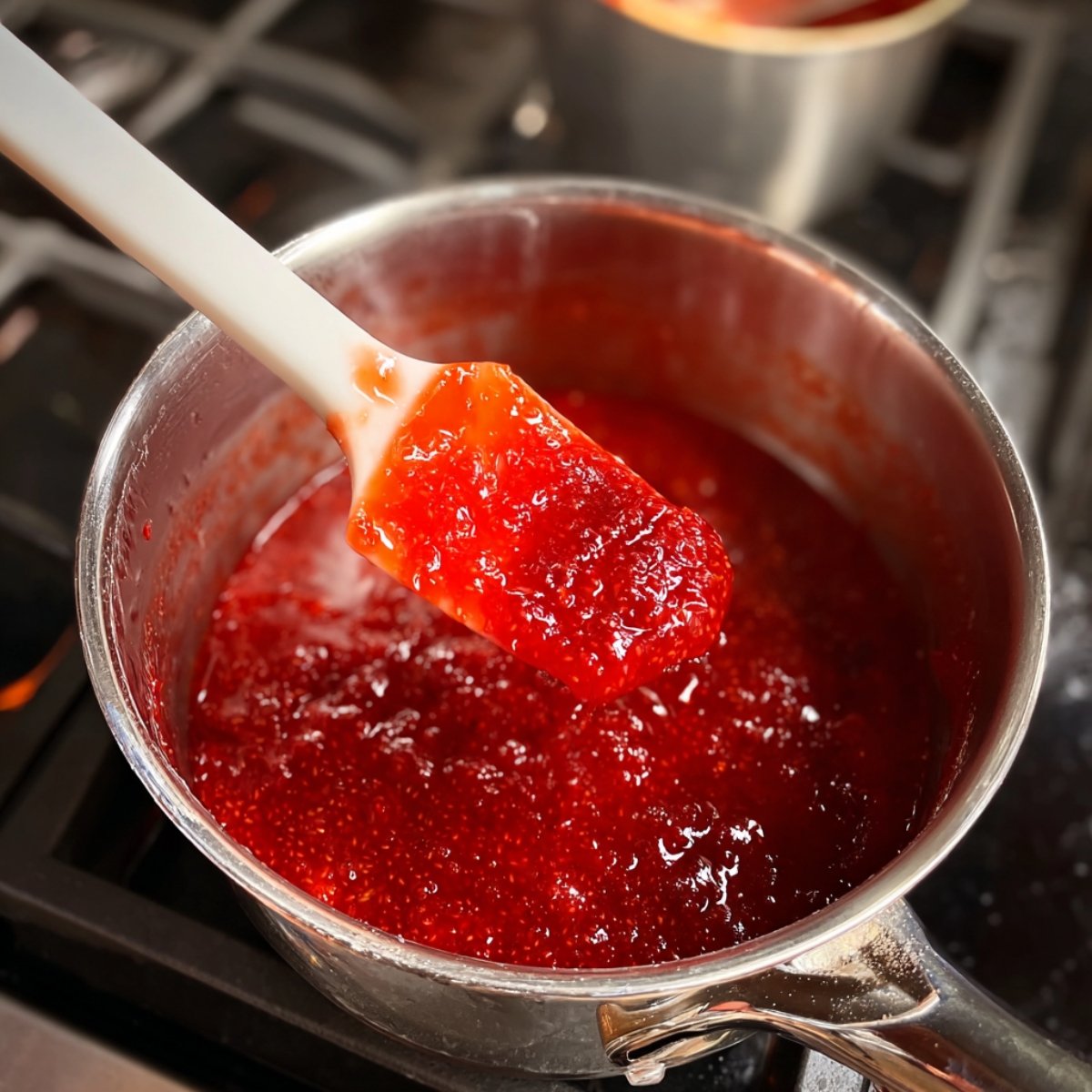 A saucepan on a stovetop containing thick red strawberry sauce, with a white spatula lifting the glossy, slightly textured reduction.
