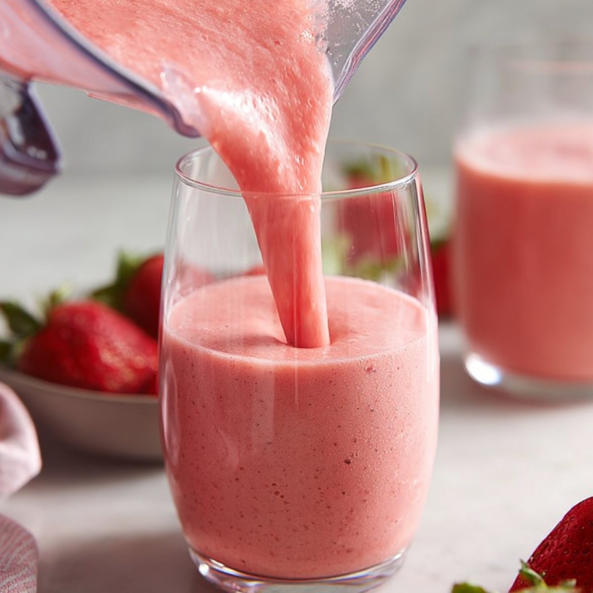 A blender pouring a pink strawberry smoothie into a glass, with fresh strawberries on the side and a soft gray towel in the background.