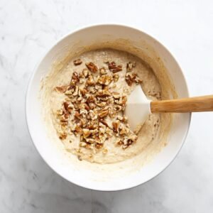 Banana bread batter with chopped walnuts being folded in using a spatula.