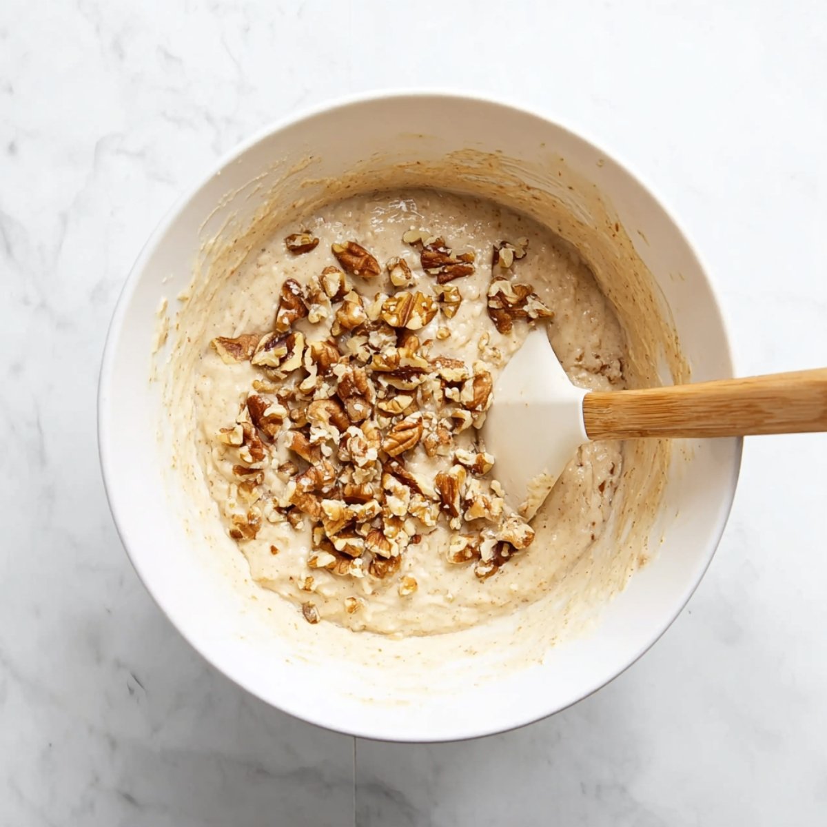 Banana bread batter with chopped walnuts being folded in using a spatula.