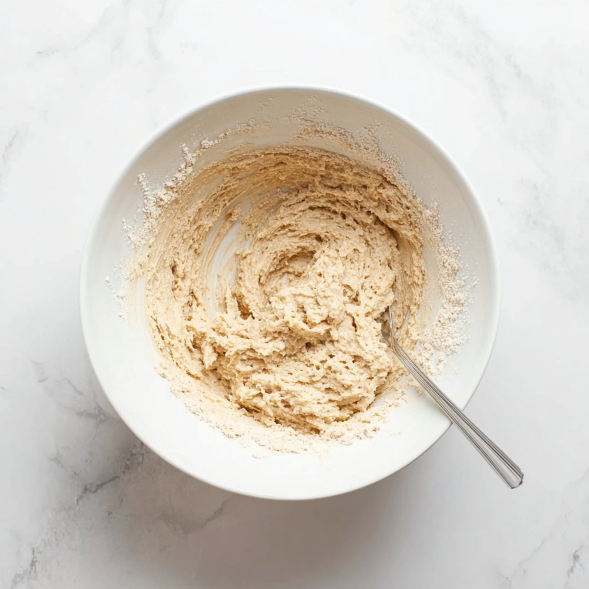 Banana bread batter being mixed in a white bowl on a marble countertop.